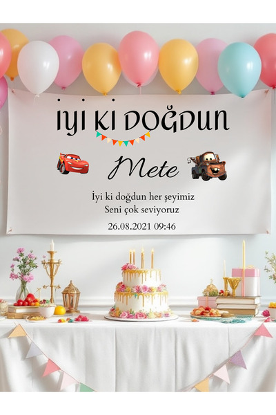 Puppetzzz Şimşek Mcqueen isimli Doğum Günü Flaması Arka Fon Afiş 100x65 cm Ya...