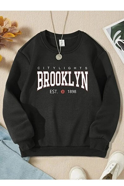 Mythologie Черен суитшърт Brooklyn Citylight - щамповано голямо оребрено кръгло деколте