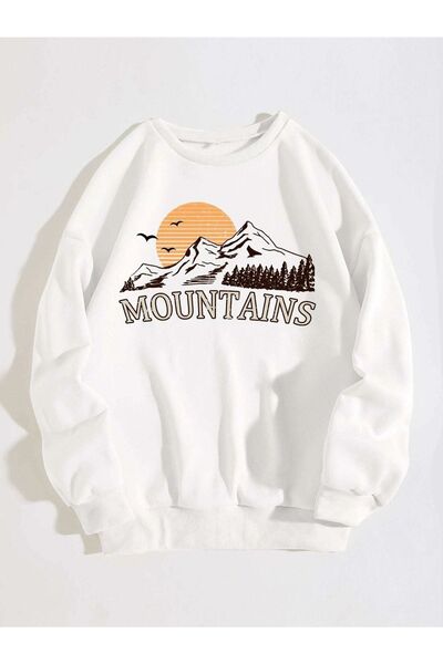 Mythologie Mountains White Thick Sweatshirt - Printed Oversized Raised Crew Neck