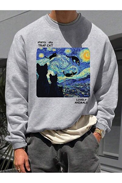 coolart Φούτερ Cat Night Design - Γκρι εμπριμέ Oversize Ribbed Crew Neck
