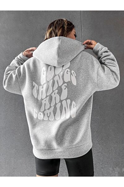Mythologie Women's Gray Things Back Print Oversize Hooded Sweatshirt