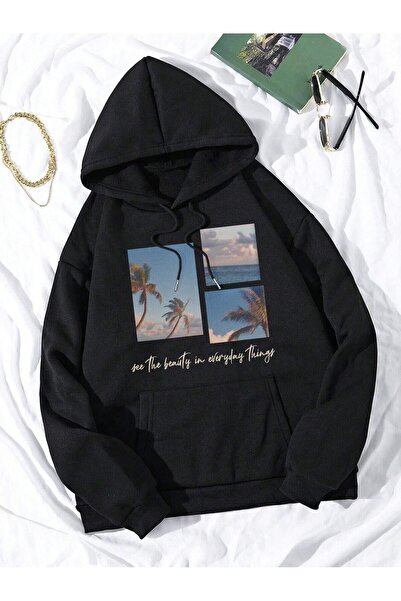 Mythologie Sahil Palmiye Sweatshirt - Black Printed Oversize Ribbon Hoodie