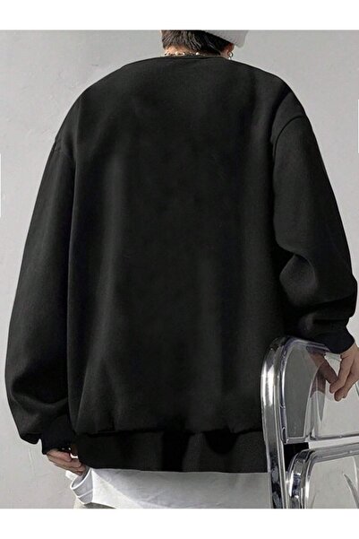 Mythologie Masterly Sweatshirt - Black Printed Oversize Ruffled Crew Neck