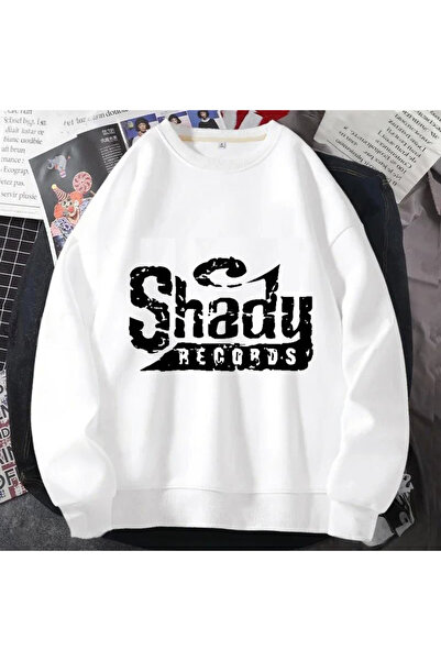 Mythologie Shady Records Sweatshirt - White Printed Oversize Ribbed Crew Neck