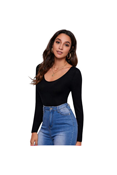 Fstyle Plain black long sleeve bodysuit