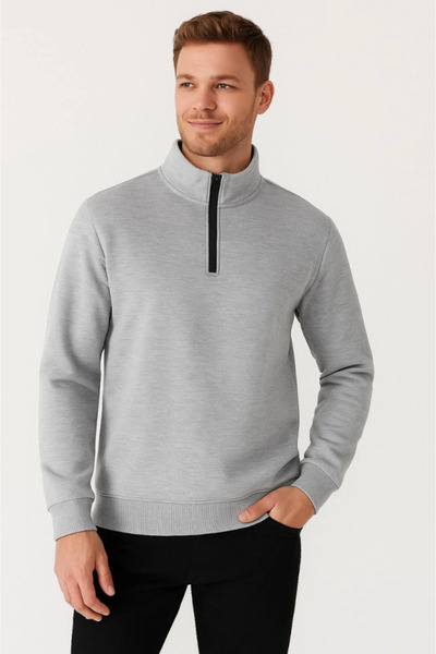 MODA Ανδρικό φούτερ με ψηλό γιακά EQURİ με μισό φερμουάρ, βαμβακερό ύφασμα με 3 κλωστές - Γκρι