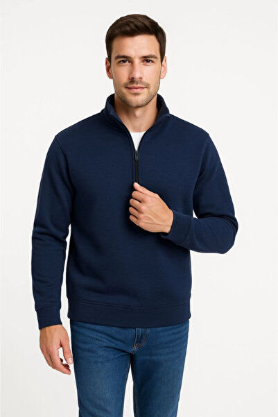 Edolika Men's Stand Collar Sweatshirt Stand Collar Half Zipper 3 Thread Ribbed Cotton Fabric - Navy Blue