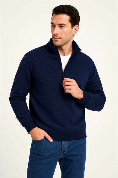 Edolika Men's Stand Collar Sweatshirt Stand Collar Half Zipper 3 Thread Ribbed Cotton Fabric - Navy Blue