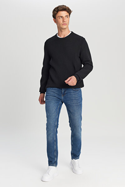 AC&Co / Altınyıldız Classics Men's Black Cotton Standard Fit Regular Cut Crew Neck Jacquard Knitwear Sweater