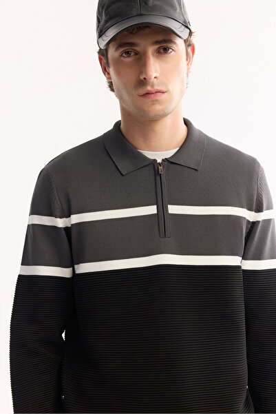 Avva Men's Anthracite Polo Neck Zippered Ribbed Knit Detailed Color Block Sweater A52Y5091