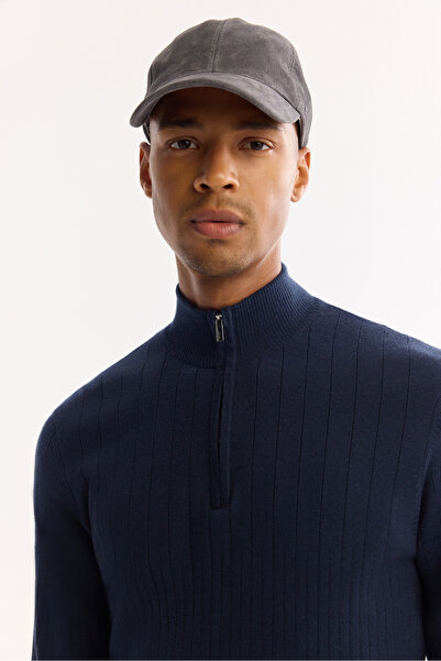 Avva Men's Navy Blue Stand Collar Zippered Soft Touch Striped Knitwear Regular Fit Sweater A52Y5151