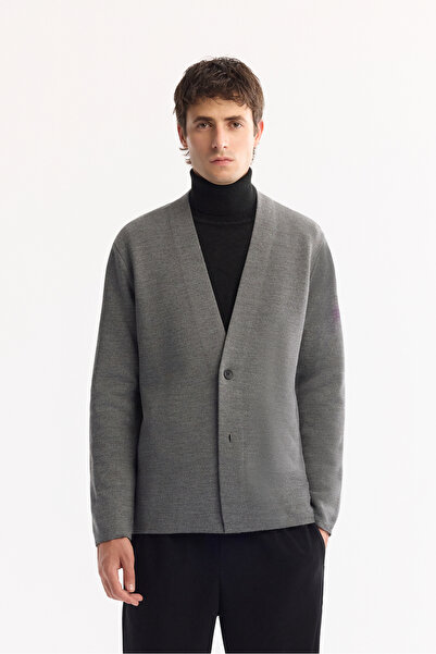 Avva Ανδρική ζακέτα με γκρι σάλι με κουμπιά από μάλλινο μείγμα κανονικής εφαρμογής A52Y5049