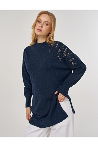 Kayra Omzu Embroidered Knitwear Tunic Navy Blue