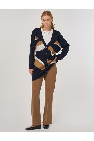 Kayra Color Block Knitwear Cardigan Navy Blue