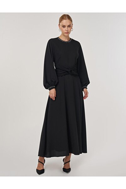 Kayra Stylish Dress with Waist Detail Black
