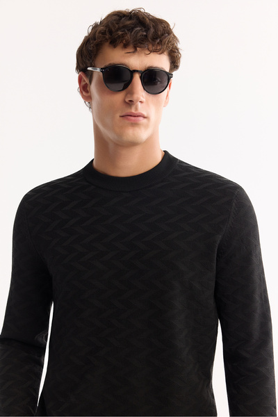 Avva Men's Black Crew Neck Textured Rice Knit Detailed Sweater A52Y5086