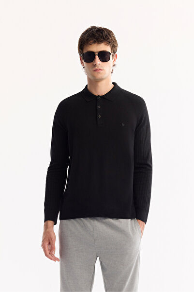 Avva Мъжки черен пуловер с поло яка, копчета, мека текстура и редовна кройка A52Y5030
