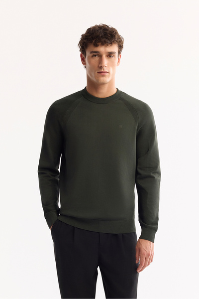 Avva Men's Khaki Crew Neck Sweater with Wicking Knit Detail on the Sleeves A52Y5083