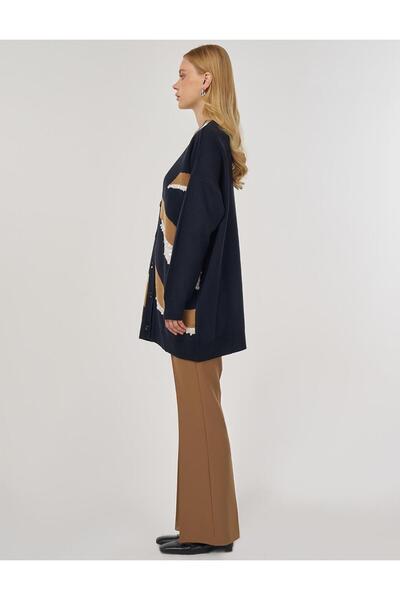 Kayra Renk Bloklu Triko Hırka Lacivert