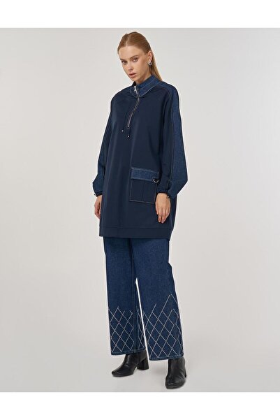 Kayra Fabric Garnished Stand Collar Sweatshirt Dark Navy Blue