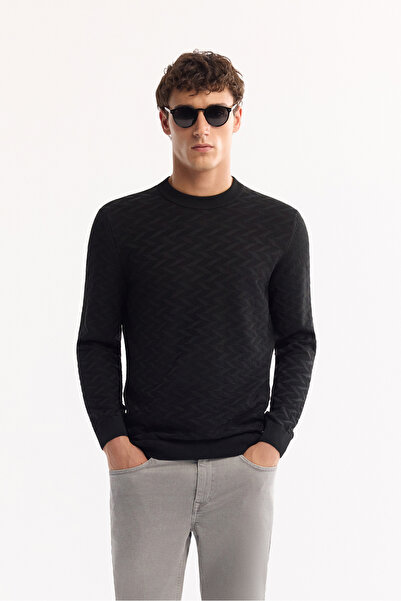 Avva Men's Black Crew Neck Textured Rice Knit Detailed Sweater A52Y5086