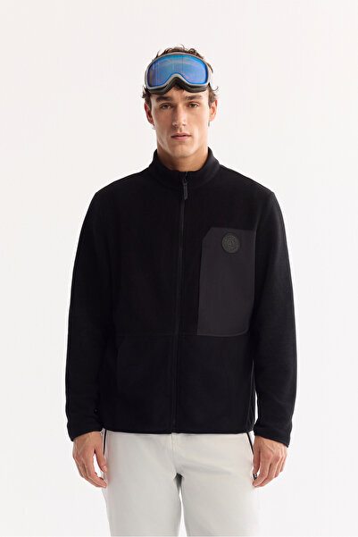 Avva Men's Black Stand Collar Hem Injection Printed Fleece Cardigan A52Y1207