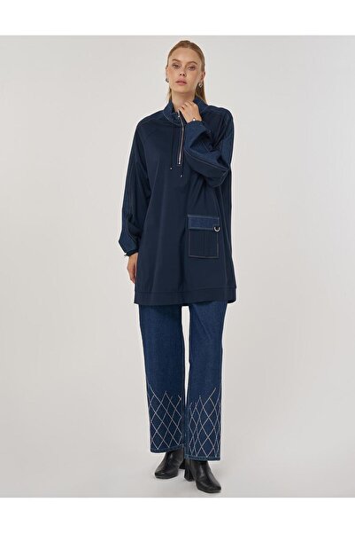 Kayra Fabric Garnished Stand Collar Sweatshirt Dark Navy Blue