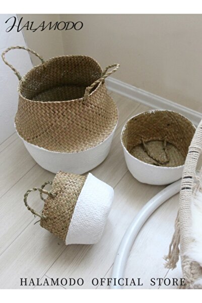 HALAMODO Woven Seagrass Belly Basket with Handles Ideal Wicker Basket Storage Plant Pot Basket Grocery Basket
