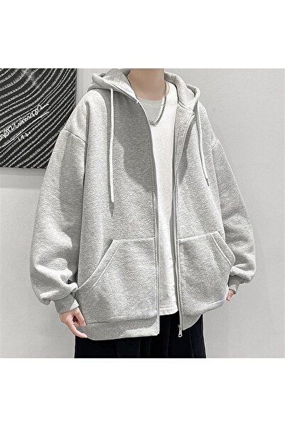 modaberry Basic Plain Cardigan - Gray Winter Oversize Hooded Cardigan with Zipper Pocket Detail