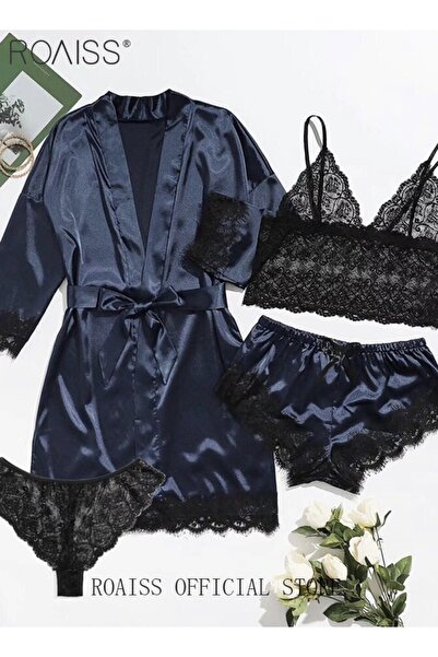 ROAISS مجموعة ملابس نوم نسائية مكونة من 4 قطع من الحرير والساتان وملابس النوم...