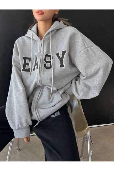 modaberry Easy Printed Cardigan - Gray Printed Winter Oversize Hooded Zipper Pocket Detailed Cardigan