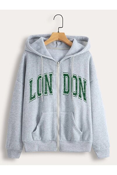 modaberry London Green Printed Cardigan - Gray Winter Oversize Hooded Cardigan with Zipper Pocket Detail