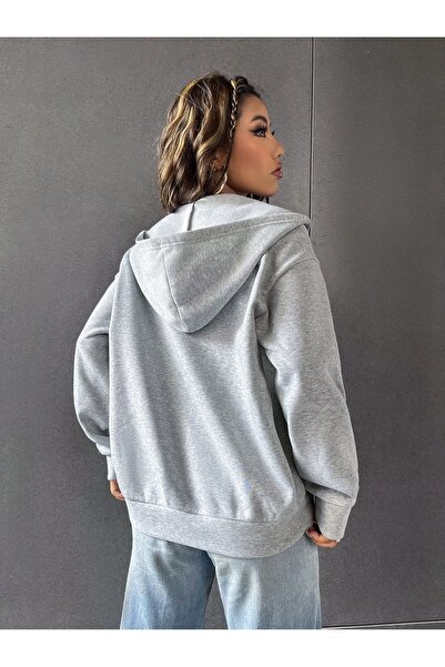modaberry Calif Ornia Cardigan - Gray Printed Winter Oversize Hooded Cardigan with Zipper Pocket Detail