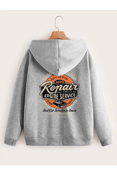 modaberry Repair Service Cardigan - Gray Printed Winter Oversize Hooded Cardigan with Zippered Pocket Detail