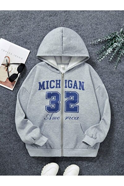 modaberry Michigan 32 Cardigan - Gray Printed Winter Oversize Hooded Zipper Pocket Detailed Cardigan