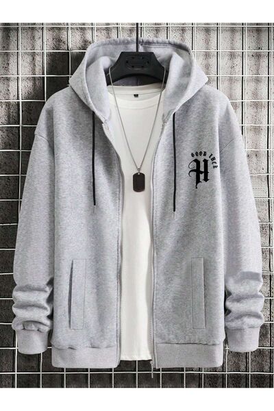 modaberry H Good Life Cardigan - Gray Printed Winter Oversize Hooded Cardigan with Zipper Pocket Detail