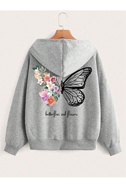 modaberry Floral Butterfly Cardigan - Gray Printed Winter Oversize Hooded Cardigan with Zipper Pocket Detail