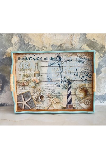 Kumsal Hobi Sanat Deniz Temalı Ahşap Tasarım Tepsi