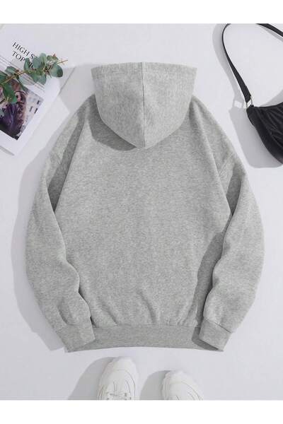 modaberry New York 1898 Cardigan - Gray Printed Winter Oversized Hooded Zippered Pocket Detailed Cardigan