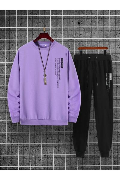coolart Λιλά Φούτερ στο κάτω μέρος Σετ φόρμας με στάμπα Oversize Crew Neck