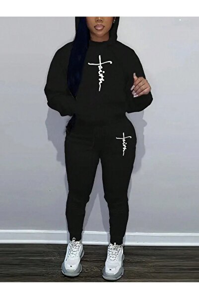 Mythologie Sword Letter Pattern Sweatshirt Sweatpants Jogger - Black Printed Bottom Top Tracksuit Set Hooded