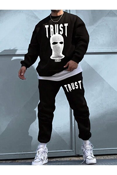 Mythologie Trust Nobody Sweatshirt Sweatpants Jogger - Black Printed Bottom Top Tracksuit Set Crew Neck