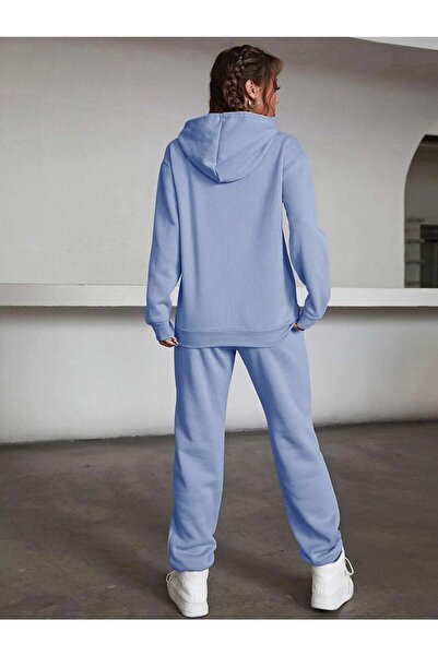 SeusCraft Bebe Mavisi Jogger Sweatshirt Alt Üst Eşofman Takım Baskı Oversize Kapüşon Lastik Paça