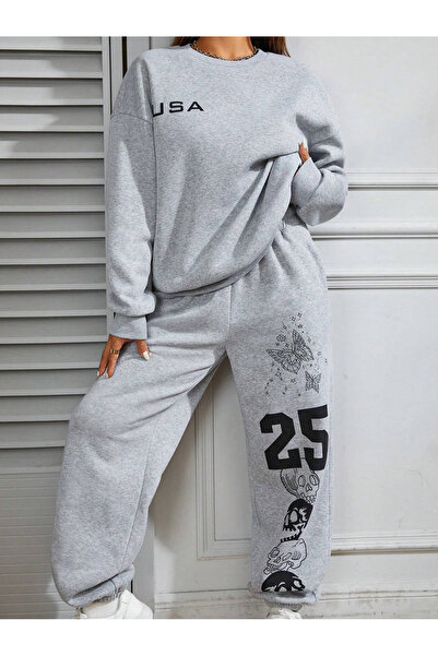 Mythologie USA 25 Skull Sweatshirt Sweatpants Jogger - طقم بدلة رياضية رمادية مطبوعة من الأسفل ورقبة دائرية