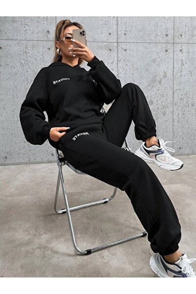 Mythologie Private Hooded Combination Bottom-Top Tracksuit Set - Black Printed Oversize Rubber Legs