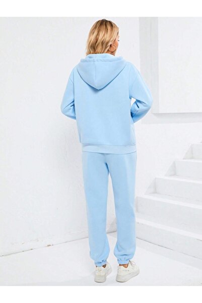 Cool Art Usa Bayrak Kapüşonlu Kombin Alt Üst Eşofman Takımı - Bebe Mavisi Baskılı Oversize Lastik Paça