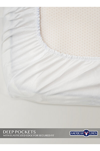 American Linen Double Striped Fitted Elastic Bedsheet with 2 Pillow Case 160 x 200 Cm (White)