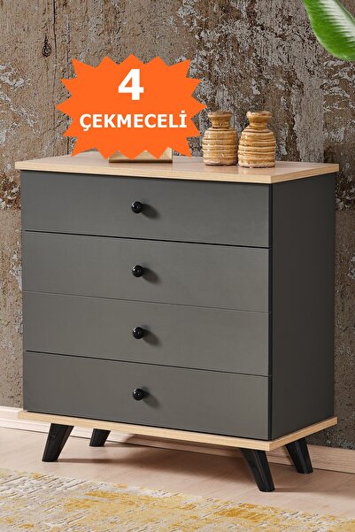 AEKA Ae-1047 Artemis Koyu Gri Şifonyer 4 Çekmeceli, Yuvarlak Kulplu, Ayaklı