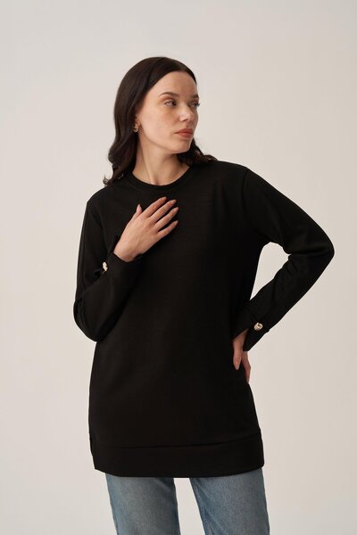 ALLDAY Black-Smooth Textured Gold Buttoned Sweatshirt