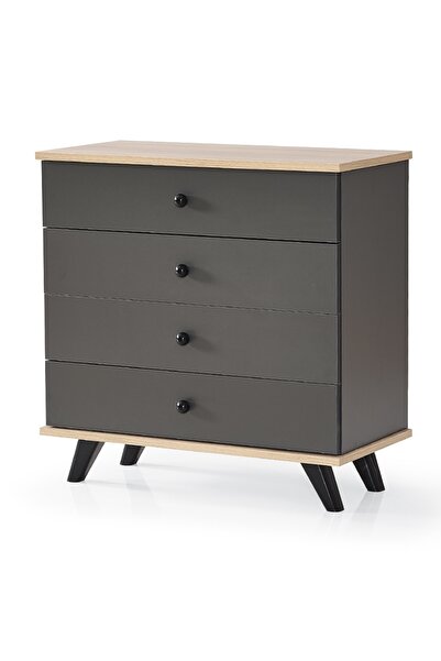 AEKA Ae-1047 Artemis Koyu Gri Şifonyer 4 Çekmeceli, Yuvarlak Kulplu, Ayaklı